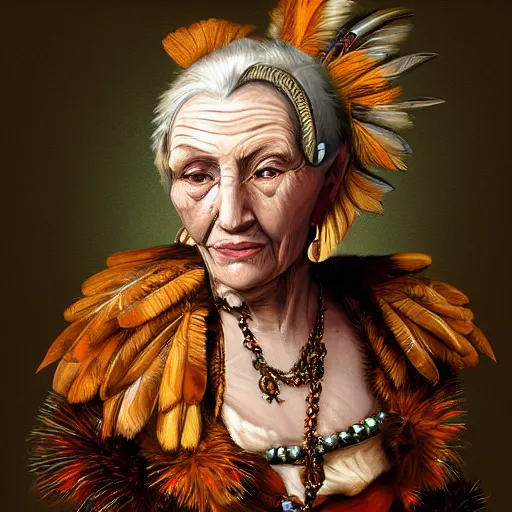 Prompt: portrait headshot digital painting of a old 17th century old lady cyborg merchant, amber jewels, clorful feathers, baroque ornate clothing