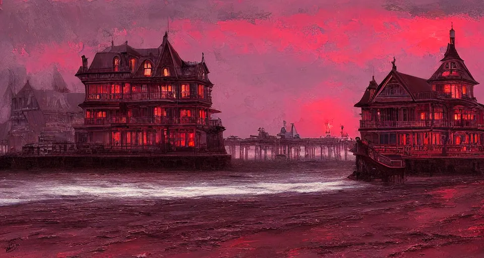 Prompt: seaside victorian building bathed in crimson light, night, dark, moon in the sky by Cédric Peyravernay