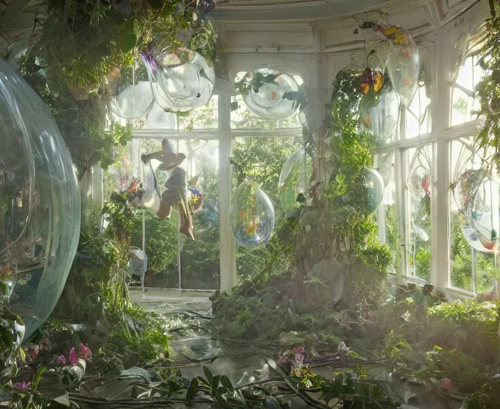 Prompt: transparent clear see - through image of twisting balloons, lush botany, floral environment, ultra realistic, concept art, art nouveau, photorealistic, octane render, 8 k, unreal engine. art by gustave dore and nori inoguchi and sam kaplan and zachary goulko and christopher marley and artgerm and alphonse mucha