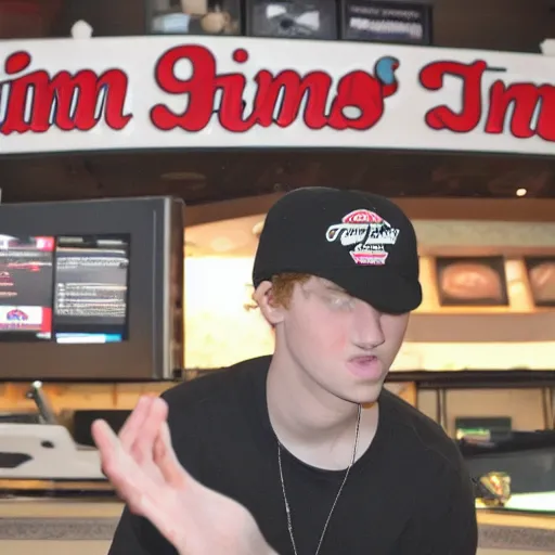 Image similar to 21 year old Jimmy John’s manager with pale skin and brown curly hair is wearing a black baseball cap and tapping a computer screen on the wall