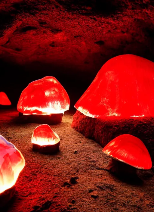 Prompt: photo of cave with giant crystals glowing and giant red mushrooms, realistic, sharp focus, 8 k high definition, insanely detailed, intricate, elegant
