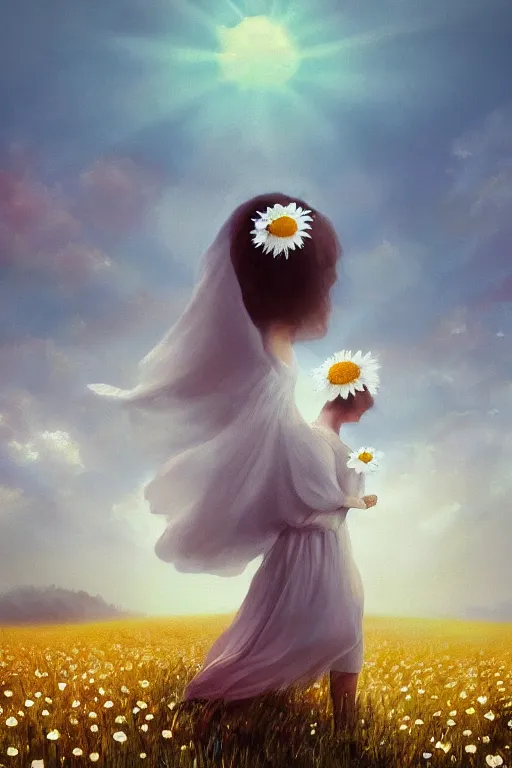 Image similar to giant white daisy flowers as head, girl with veil walking in a flower field, surreal photography, sunrise, dramatic light, impressionist painting, colorful clouds, digital painting, artstation, simon stalenhag