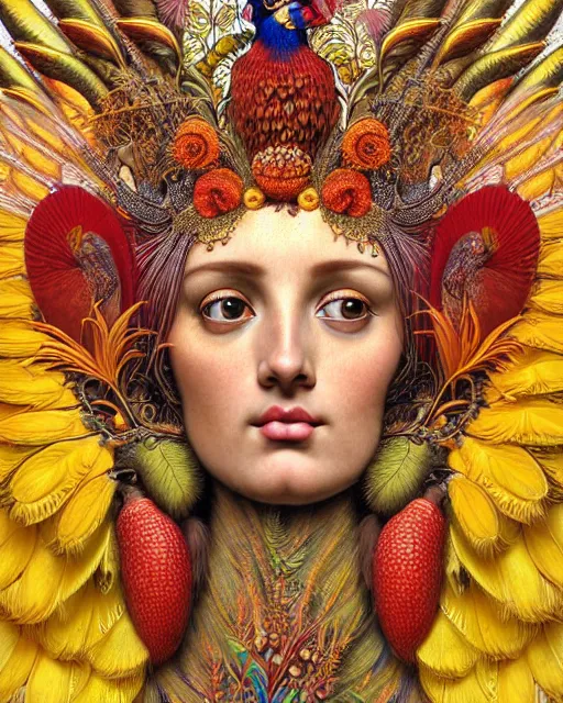 Image similar to hyperrealistic detailed face portrait of the beautiful goddess of the golden pheasants with an intricate headgear of golden pheasant, red berries, leaves, field flowers, pears, apples, art by ernst haeckel, john william godward, android jones, alphonso mucha, h. r. giger, gothic - cyberpunk, ornamental, beautiful deep colours,