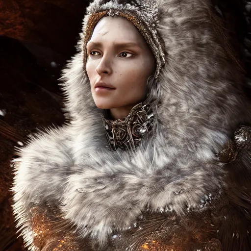 Image similar to a regal brown woman wearing an intricate and detailed armor made of ice. ice caves. glaciers. dramatic shadows. reflections. volumetric lighting. textures. delicate. translucent. studio portrait. photorealistic. octane render