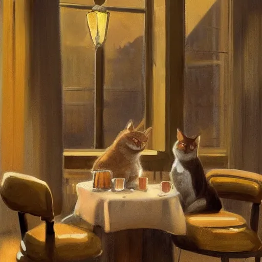 Image similar to brown cat with yellow eyes is sitting at table in a cafe at paris in early 2 0 th century. atmospheric feeling, warm colours, brown colours, yellow colours, epic scene, cinematic, very detailed, concept art, trending on artstation