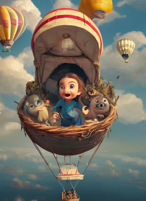 Image similar to a photo of little cute hipoppotamus inside a hot air balloon in world adventure movie by nuri iyem, james gurney, james jean, greg rutkowski, anato finnstark. pixar. hyper detailed, 5 0 mm, award winning photography, perfect faces