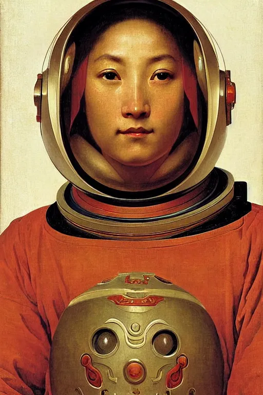 Image similar to portrait of a astronaut is a chinese dragon in armor and helmet, by bouguereau