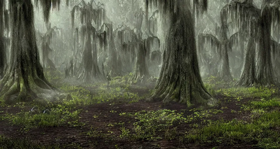 Prompt: A dense and dark enchanted forest with a swamp, from Warcraft
