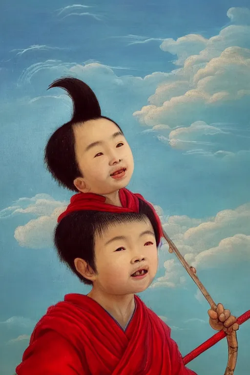 Image similar to a masterpiece portrait of legendry nezha flies riding on the wind fire wheels across the sea, water everywhere, chinese mythology, chinese male child, cute face, side view, red cloth around his shoulders, hold spear, cinematic, fantasy character portrait, highly detailed, by ne zha ( 2 0 1 9 ), fenghua zhong, bob byerley