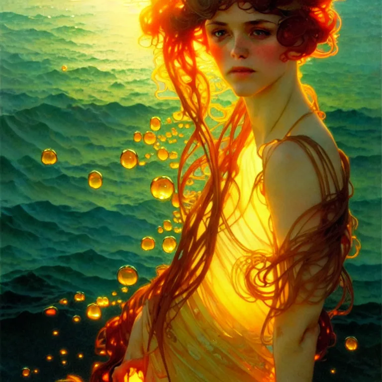 Image similar to sea of glossy liquid honey drops flowing like translucent amber, backlit, sunset, refracted lighting, art by collier, albert aublet, krenz cushart, artem demura, alphonse mucha