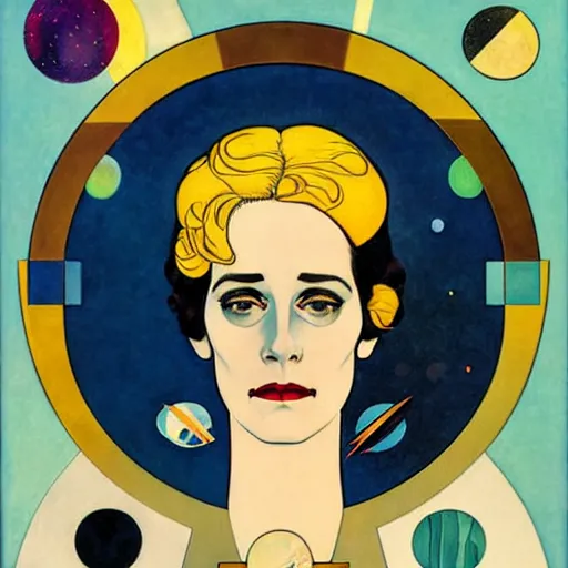 Prompt: Art by Coles Phillips, Portrait of Eva Green as Space Commander Zeta from the Year 3000, Mucha, Kandinsky, indigo, teal, gold