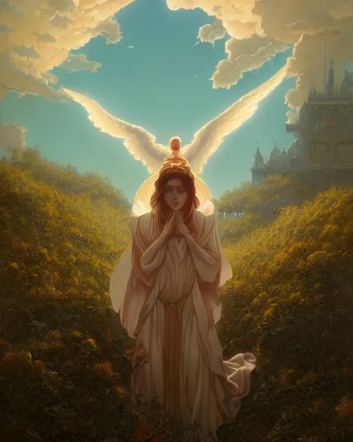 Prompt: highly detailed surreal vfx portrait of a decending seraphim upon the earth, stephen bliss, unreal engine, greg rutkowski, loish, rhads, beeple, makoto shinkai and lois van baarle, ilya kuvshinov, rossdraws, tom bagshaw, alphonse mucha, global illumination, detailed and intricate environment