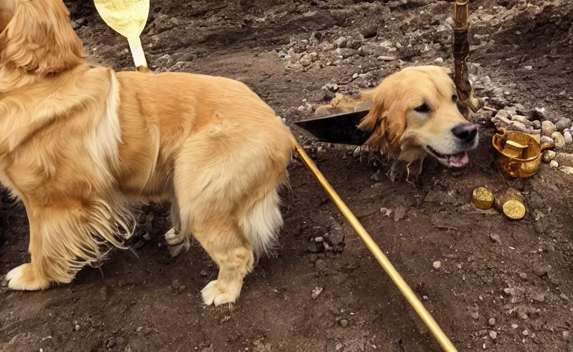 Prompt: photo of a golden retriever in a gold mine wearing a western hat and finding gold nuggets with a pickaxe