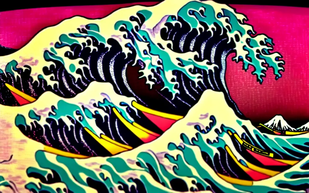 Image similar to The Great Wave off Kanagawa with pink lava and fire, rococo style , hyperreal, detailed , 4k