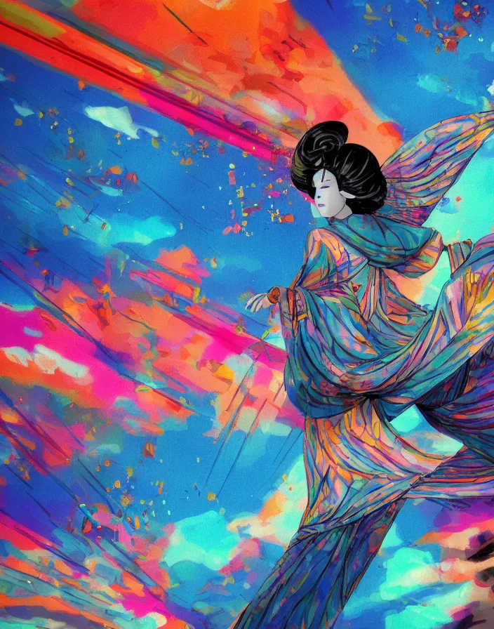 Prompt: semi semi realistic digital painting!! beautiful geisha flying over a colorful train yard, dramatic, xray melting colors!! long lens, shallow depth of field, bokeh, 8 k, 3 5 mm film grain