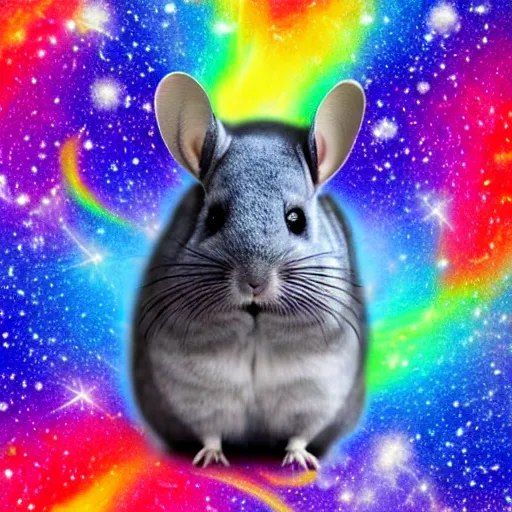 Image similar to chinchilla with mean look in space with galaxy in background pooping rainbox jellybeans, rainbow jellybeans under chinchilla's tail