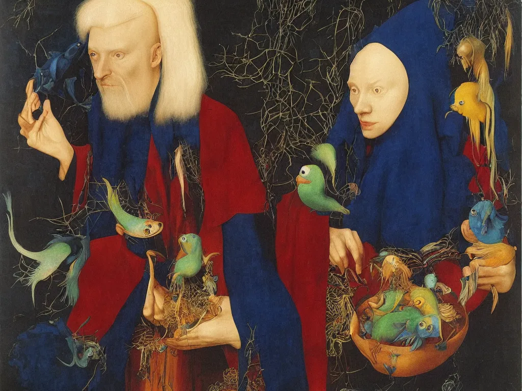 Image similar to Portrait of albino mystic with blue eyes, with exotic beautiful fish. Painting by Jan van Eyck, Audubon, Rene Magritte, Agnes Pelton, Max Ernst, Walton Ford
