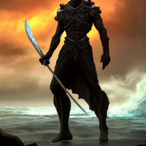 Image similar to A powerful handsome broad shouldered necromancer of jet black skin holding an exquisite sword standing at a distance. He gazes by the stormy sea and oozes extreme power and magic. Whole scene is powerful and magical and stunning to watch. Aesthetic!!!!!!, Unreal engine, 8k, trending on artstation, sharp focus, highly detailed, concept art, ultra HD, intricate, elegant,