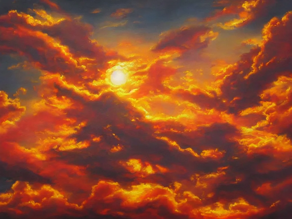 Image similar to A dragon made of rubies and gold flying in sunset clouds, realistic oil painting