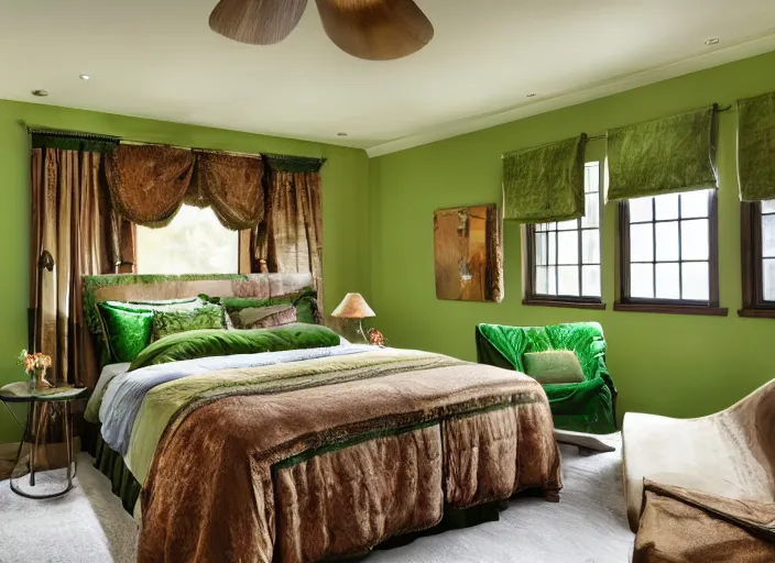 Prompt: bedroom with horse statues green and brown trim