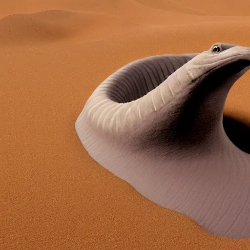 Image similar to A giant sandworm from dune emerging from a sand dune, with the face of Joe Biden; cgi 4k