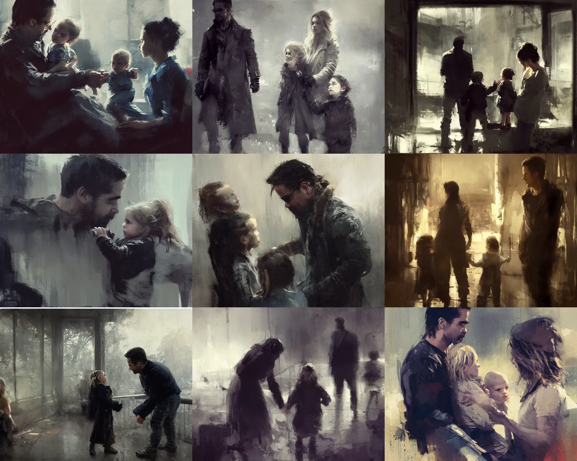 Prompt: family, colin farrell and emilia clarke with there kid by jeremy mann