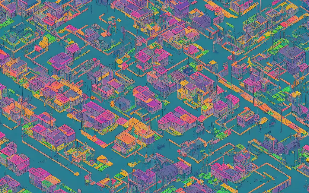 Prompt: a japanese city near the sea, lofi, dreamy, moody, very colorful, anime inspiration, ghibli vibe, very pixelart, hd, geometry, glitches, cybernetic, motherboard, technical, abstract
