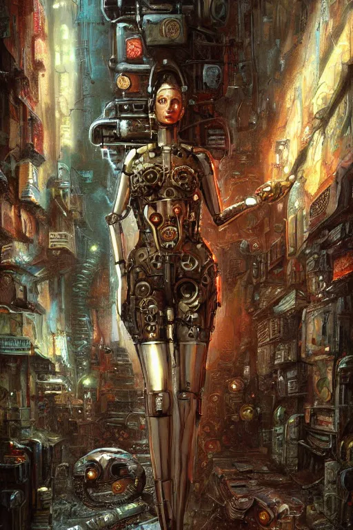 Image similar to a highly detailed retro futuristic female android with gears and other mechanical parts made out of pasta standing in a dank alleyway from blade runner, a robot made out of pasta, painting by Marc Simonetti and Julie Bell