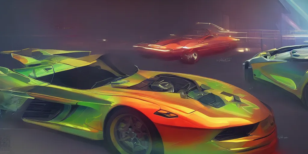 Prompt: full view of a sport car from GTAV, painted in any bright colors holographic pearlescent, elegant, digital painting, concept art, smooth, sharp focus, art style from Wang Ke and Greg Rutkowski and Bruce Kaiser and Scott Robertson and Dmitry Mazurkevich and Doruk Erdem and Jon Sibal, small style cue from Blade Runner