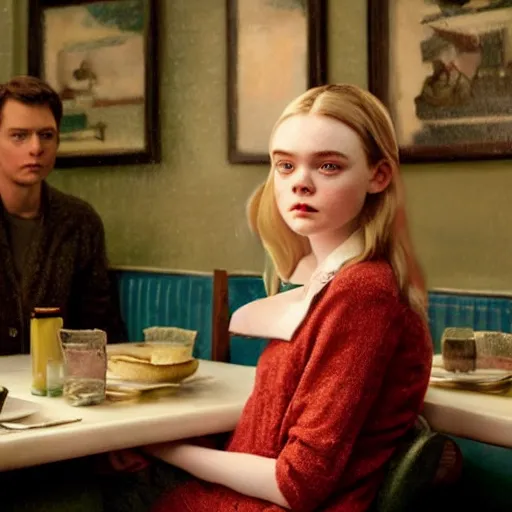 Image similar to Elle Fanning at a diner, head and shoulders portrait, stormy weather, extremely detailed masterpiece, Roger Deakin’s cinematography, oil on canvas, Johannes Vormeer,