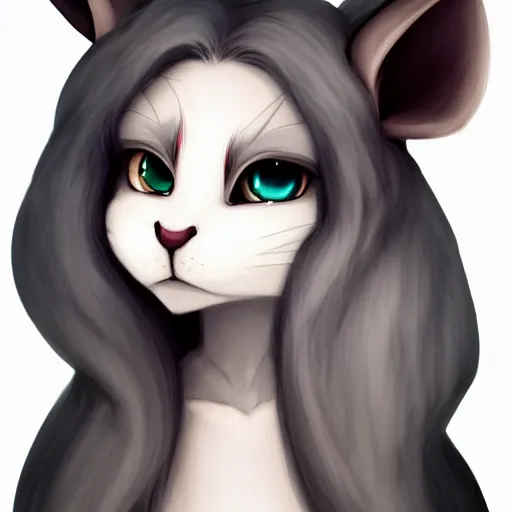 Image similar to 3/4 headshot of young female furry, D&D, cute, fantasy, intricate, long hair, grey skin, mouse face, mouse nose, mouse head, mouse ears, black hair, elegant, highly detailed, cartoony, artstation, concept art, smooth, sharp focus, illustration, art by Diives