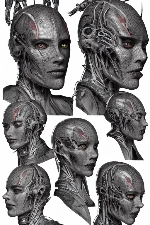 Image similar to cyborg queen with gunmetal grey skin, medical anatomy, very symmetrical face, highly detailed, mecha, three - perspective / three - view reference sheet ( front / back / side ), in the style of james gurney, dan ouellette, hr giger, sil from species, dren from splice, biomechanical, artstation, unreal engine