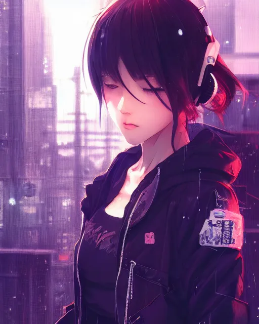 Image similar to kyoto animation, cool girl wearing cyberpunk intricate streetwear, beautiful, detailed portrait, cell shaded, 4 k, concept art, by wlop, ilya kuvshinov, artgerm, krenz cushart, greg rutkowski, pixiv. cinematic dramatic atmosphere, sharp focus, volumetric lighting, cinematic lighting, studio quality