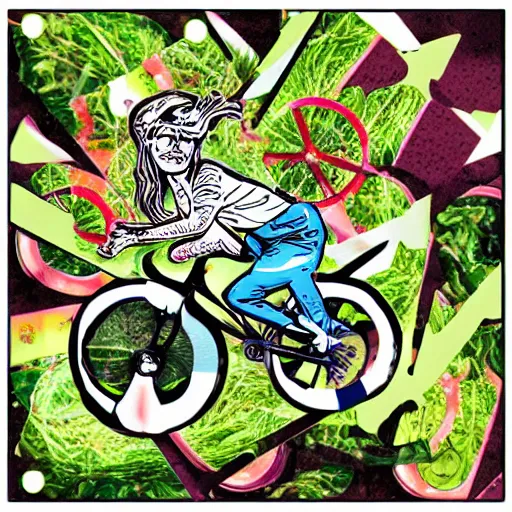 Prompt: bicycle turret lady plane grown face bin shooting laser plastic rock eating salad warned, collage artwork