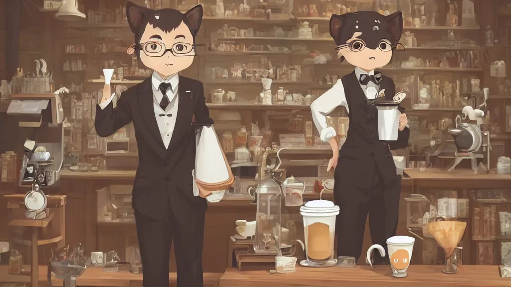 Prompt: a highly detailed portait of a cute little anthropomorphic cat barista wearing a suit in a coffee shop by studio ghibli, tiny, small, cute and adorable, pretty, beautiful, character art portrait, matte painting, Artstation