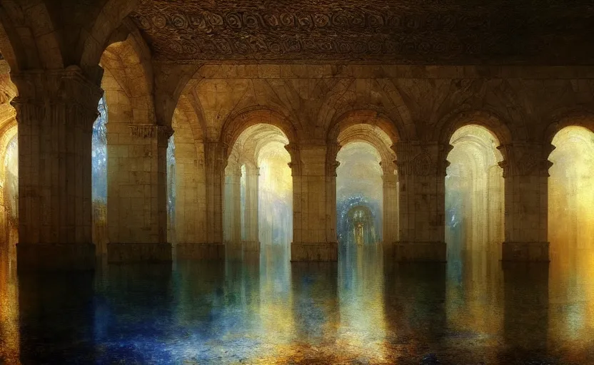 Image similar to tiled room squared waterway, aqueducts, fantasy. intricate. by artstation trending, by joseph mallord william turner, luis royo, konstantin razumov, cinematic lighting, fractal flame, highly detailed