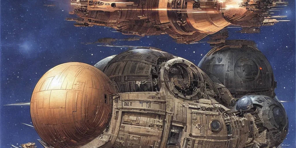 Prompt: a steampunk death star by doug chiang and ralph mcquarrie, a spaceship approaches the wreckage of a derelict in deep space,