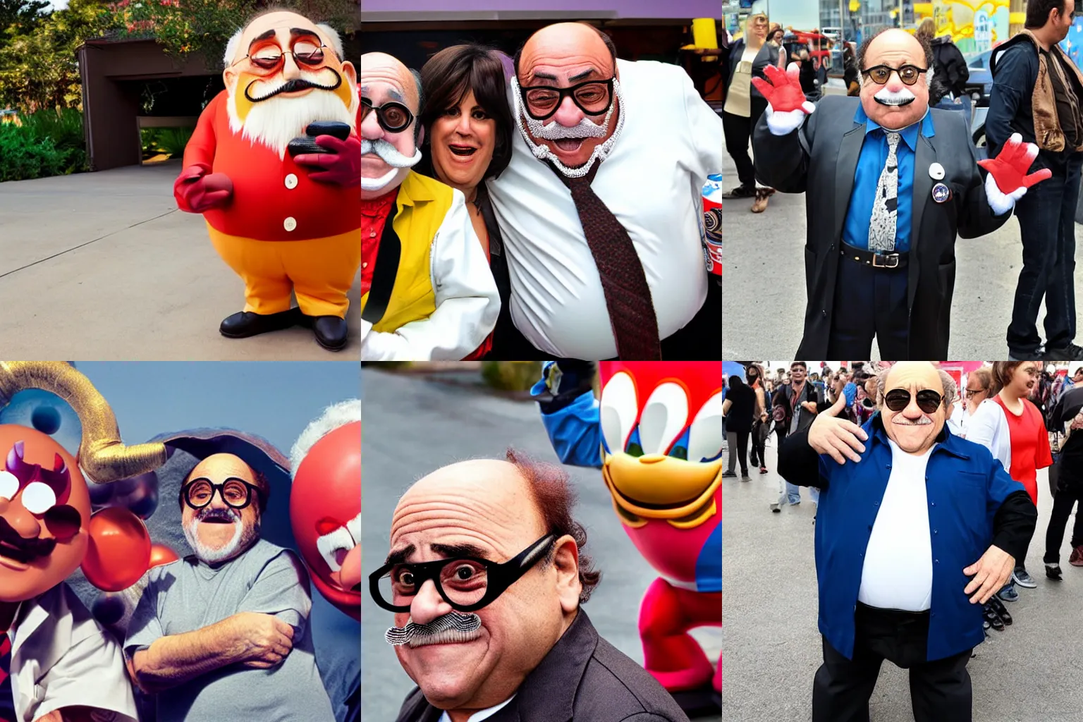 Prompt: Danny Devito with massive mustache as Dr. Eggman cosplay, photograph