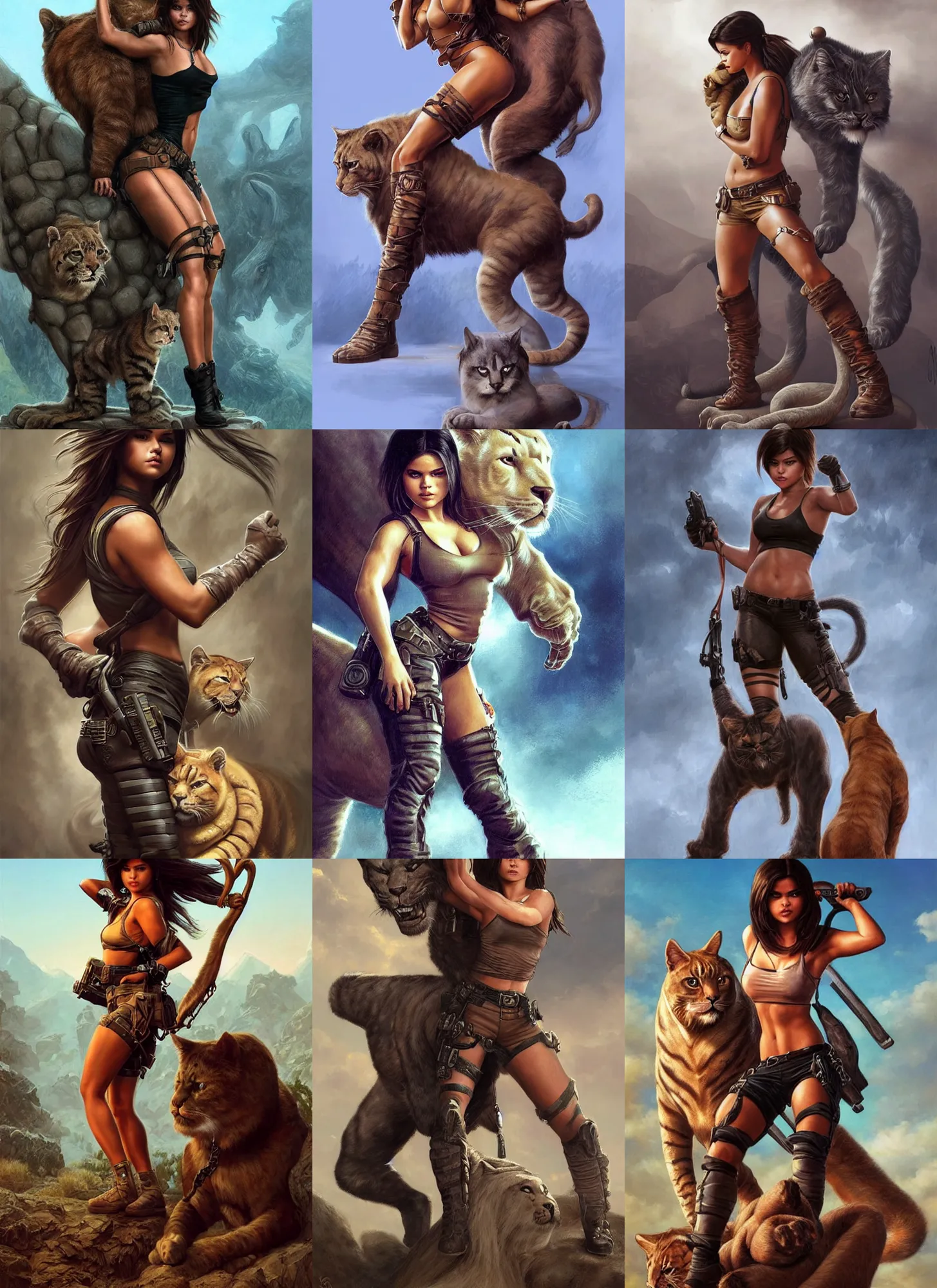 Prompt: portrait of tough looking Selena Gomez as a muscled Lara Croft sitting on her large giant cat beast, elegant, highly detailed, centered, digital painting, artstation, concept art, artgerm, donato giancola, Joseph Christian Leyendecker, WLOP, Boris Vallejo, Artgerm