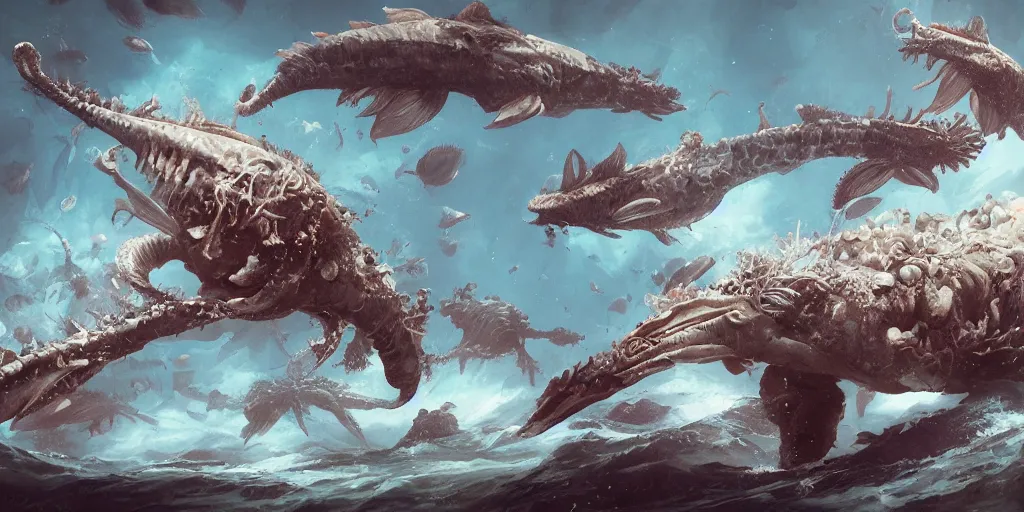 Image similar to sea creature designs, Kim Jung Gi, Greg Rutkowski, Darek Zabrocki, Karlkka, Jayison Devadas, Phuoc Quan, trending on Artstation, 8K, ultra wide angle, pincushion lens effect