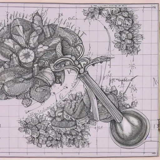 Prompt: technical drawing of a rapier, weapon design, flower adorned, delicate, detailed map, notes, scribbles, old paper