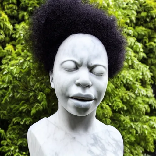 Image similar to a photorealistic all white marble sculpture of a black girl with an afro crying