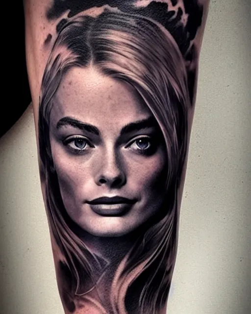 Image similar to creative double exposure effect tattoo design sketch of margot robbie face blended in beautiful mountain scenery, realism tattoo, in the style of matteo pasqualin, amazing detail, sharp