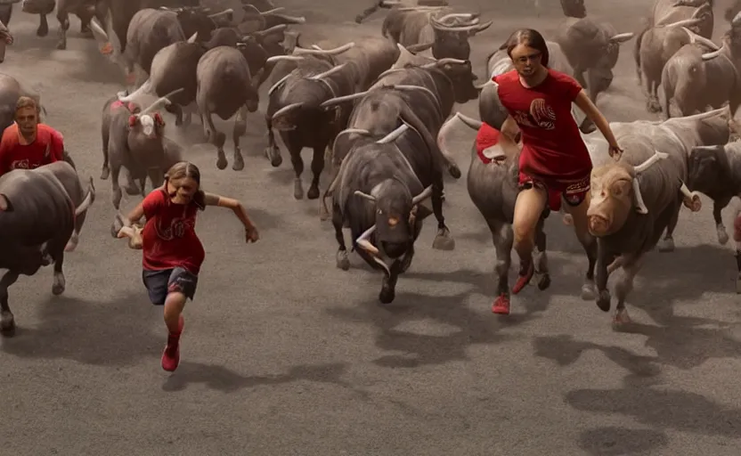 Image similar to greta thunberg running in san fermines chased by bulls, highly detailed, cinematic, 8 k resolution, beautiful detailed, octane render, unreal engine, ramon masats style,