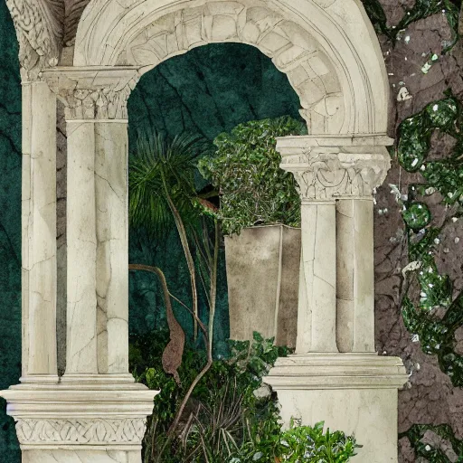 Image similar to delicate marble garden on paper floating puffy vines botanical herbarium botanic watercolors coastline iridescent 8 k wide angle realistic shaded fine details, artstation italian rainbow colonnade oak pinecone gardena architecture pompeii boundary wall