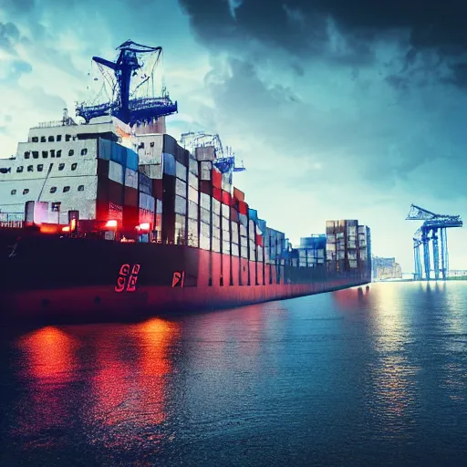 Image similar to photo of Immense industrial futuristic cargo ship arrives at cyber punk city sea port, cinematic lighting, photo