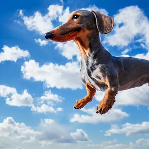 Image similar to stock photo of an elderly, light gray wire-haired dachshund floating in heaven, blue sky, white clouds