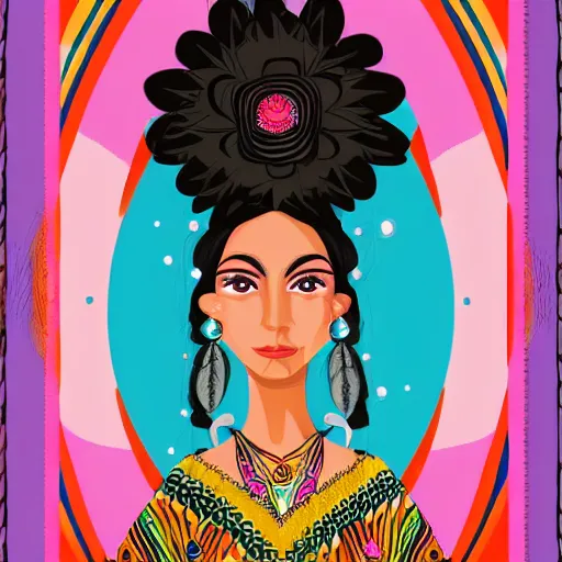 Image similar to beautiful illustration of a mexican woman of 4 0 years old, with curly black and silver hair, the woman has beautiful black eyes, her skin is light brown, she is dressed in shaman clothes, in the style of amanda sage