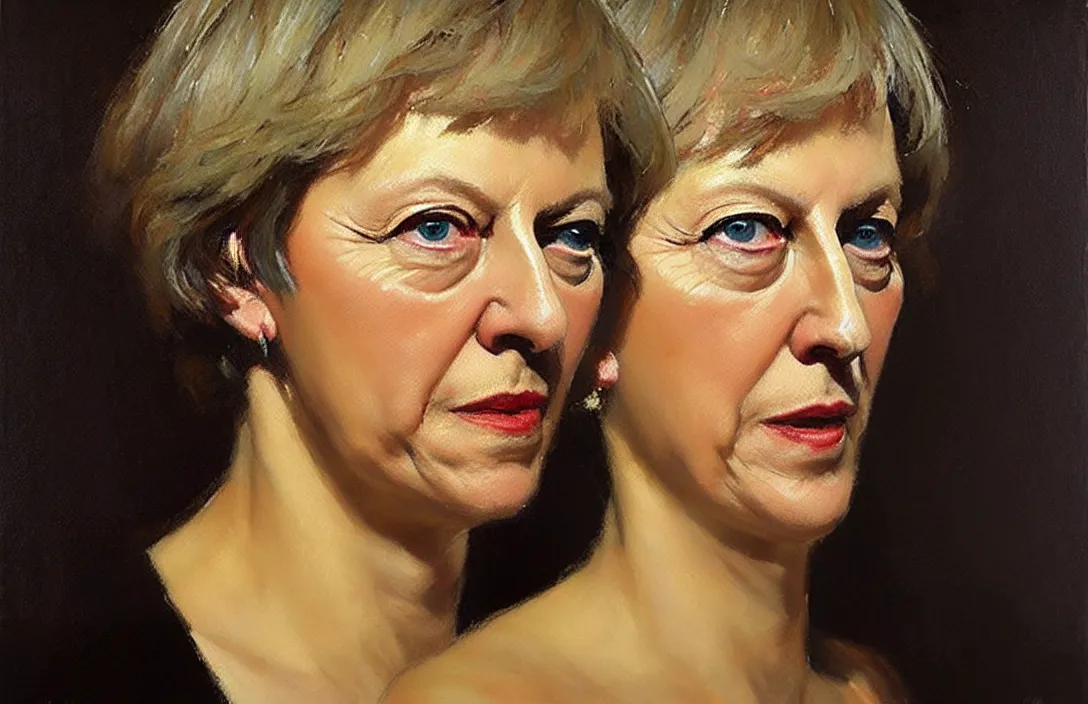 Prompt: portrait of theresa may!!!!!!!!!!!!!!!!!!!!!!!!!!!, detailed face, detailed painting, epic lighting, by ilya repin, phil hale and kent williams