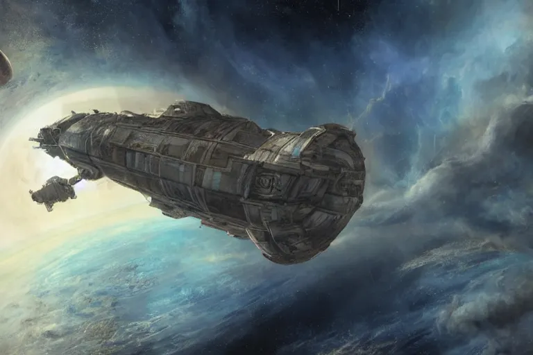 Prompt: a vast ancient derelict starship adrift in space, art by William Turner, award-winning masterpiece, trending on ArtStation